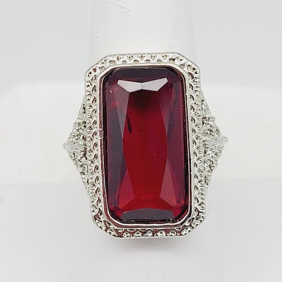Emerald Cut Red Glass Filigree Ring Sz 7.75 Vintage New Old Stock Silver Tone - Picture 3 of 11
